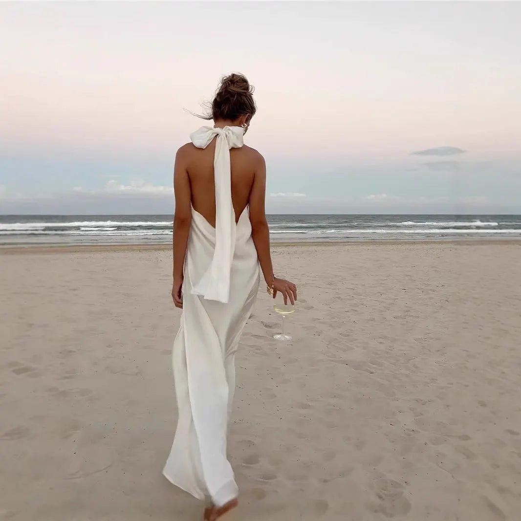 Long halter crochet backless evening dress