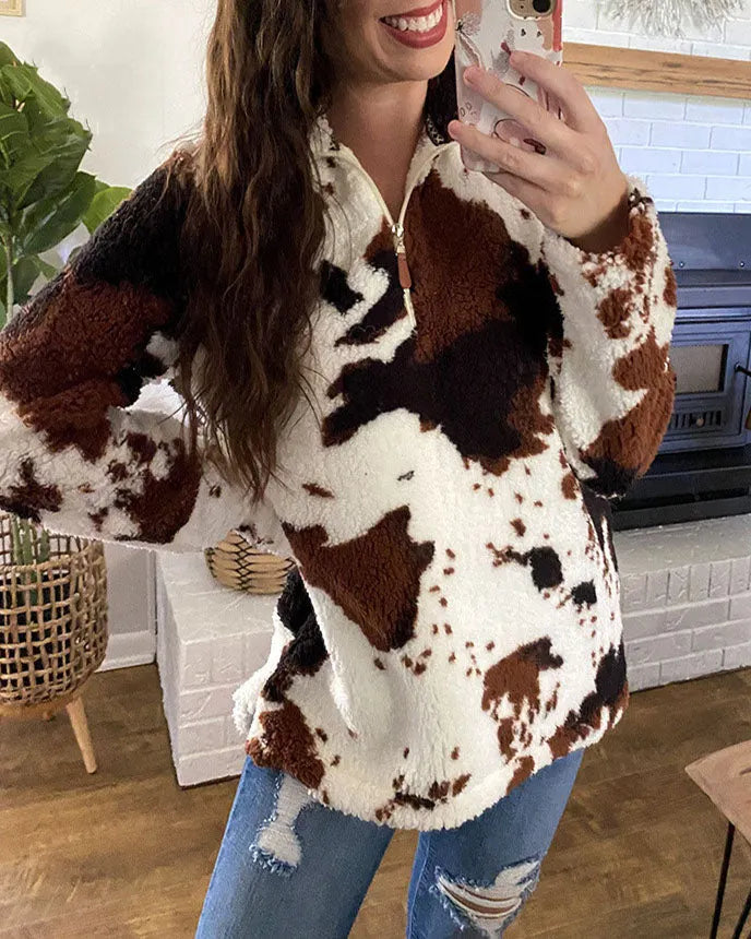 Kuhmuster Polar Fleece Reißverschluss Sweatshirt