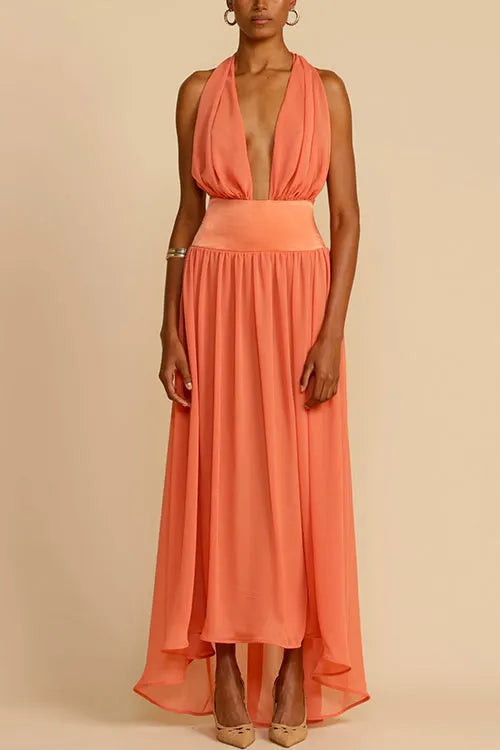 Deep V Neck Halter Backless Flowy Maxi Party Dress