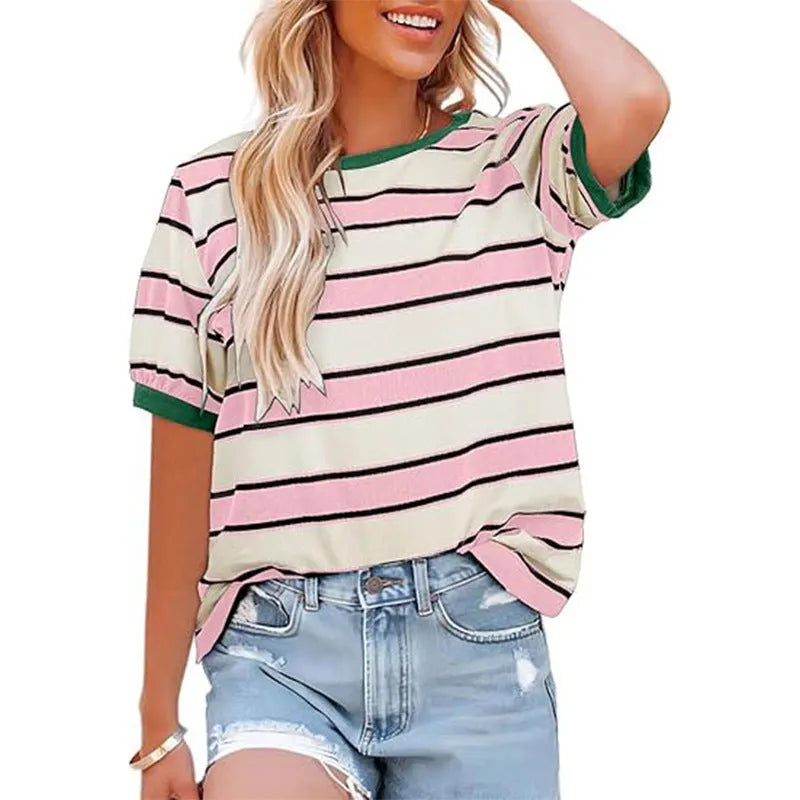Damen lÃ¤ssiges Streifen T-Shirt mit Kurzarm und Rundhalsausschnitt