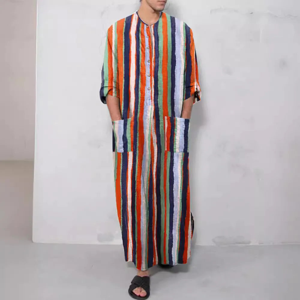 Herren nan lockerer Kaftan aus Leinenmischung mit Knopfleiste und aufgesetzten Taschen