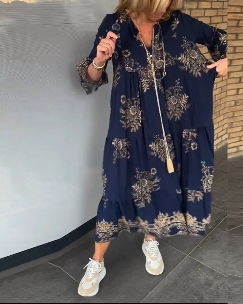 Nerea - Ny Vintage løs V-hals kjole