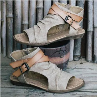 Beach Open Toe Flat Solid Color Side Zipper Sandals