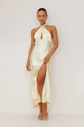 AMALIA | Elegante Gele Maxi Jurk met Halternek Voor Dames en Cut-Out Detail
