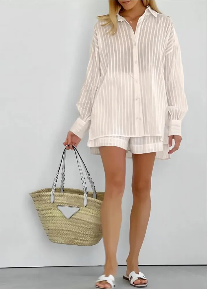 2024 Spring Summer Solid Cotton Short Two Piece Set Women Stripe Long Sleeve Shirts Shorts 2 Piece Sets Simple Style Lady Suit
