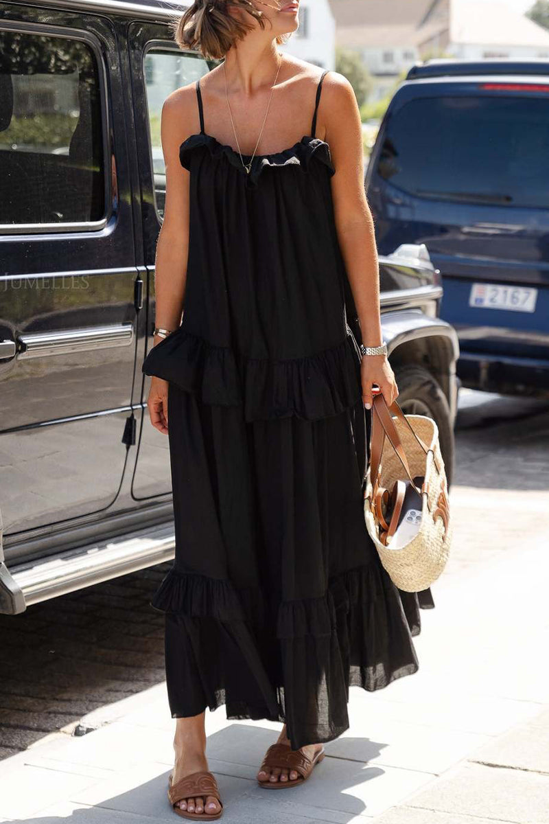 Sexy Solid Color Ruffle Flounce U Neck Sling Dresses
