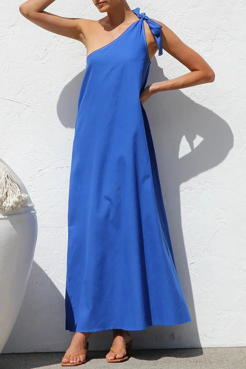 Casual Solid Color Lace Up Sloping Shoulder Irregular Dresses