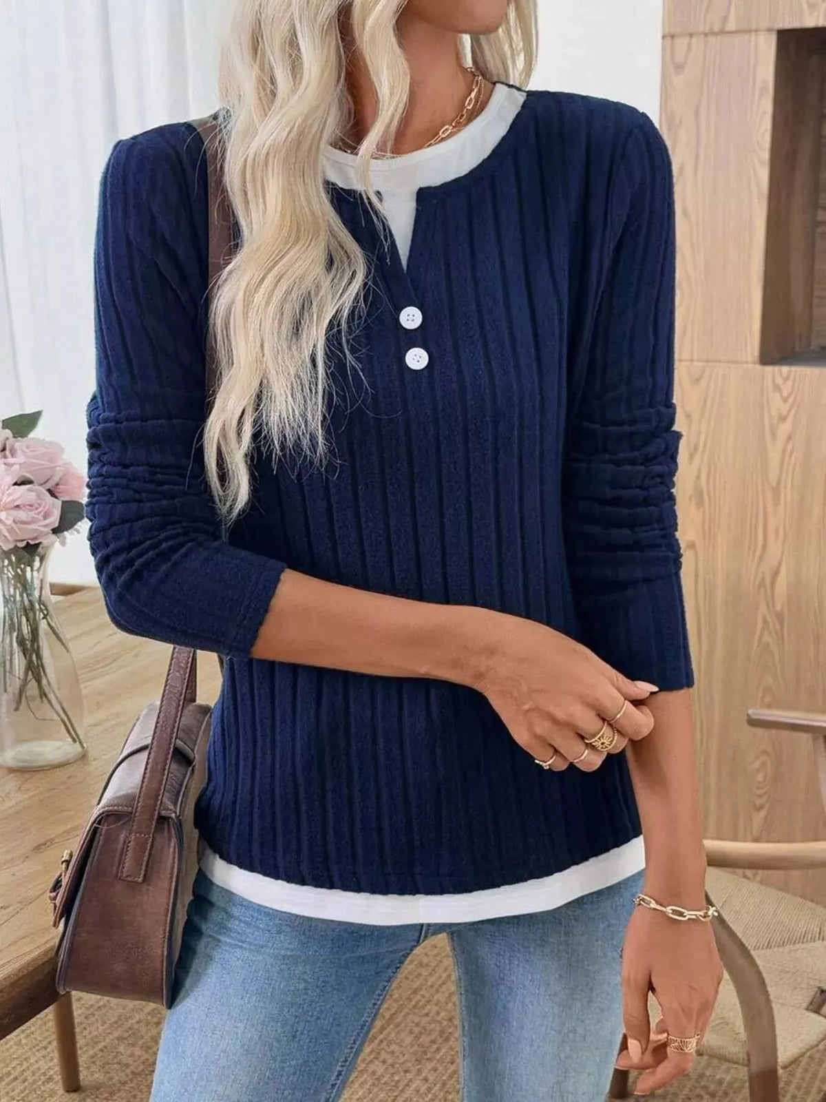 Ribbed Knit Button Detail Contrast Sweater