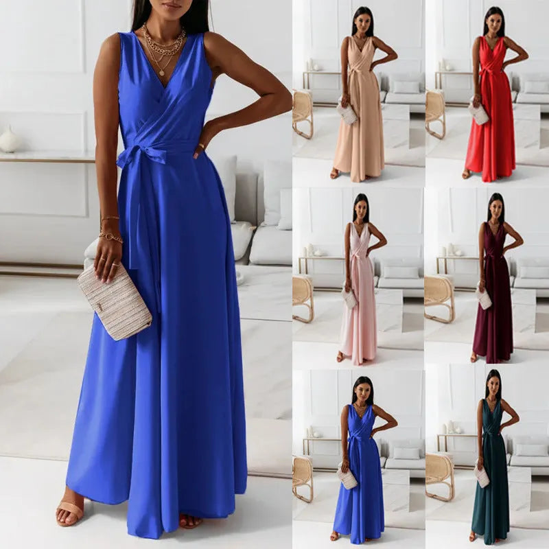 Bequemes einfarbiges V-Ausschnitt Abendlangen Kleid