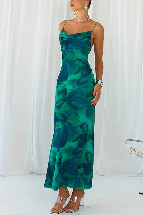 Cowl Neck Backless Printed Cami Maxi bodycon Dress