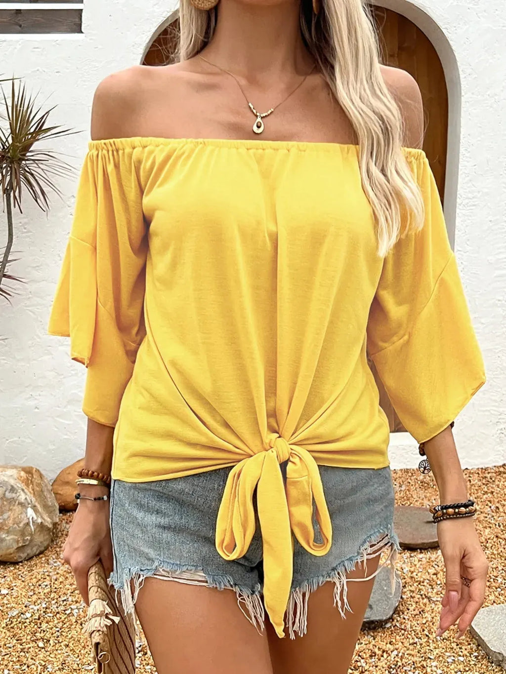 Tied Solid Off-Shoulder Blouse