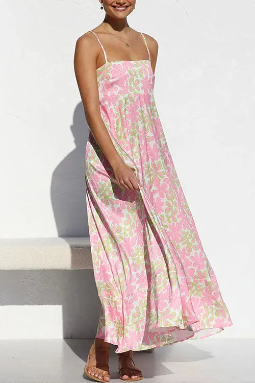 Spaghetti Strap Empire Waist Floral Print Swing Maxi Dress