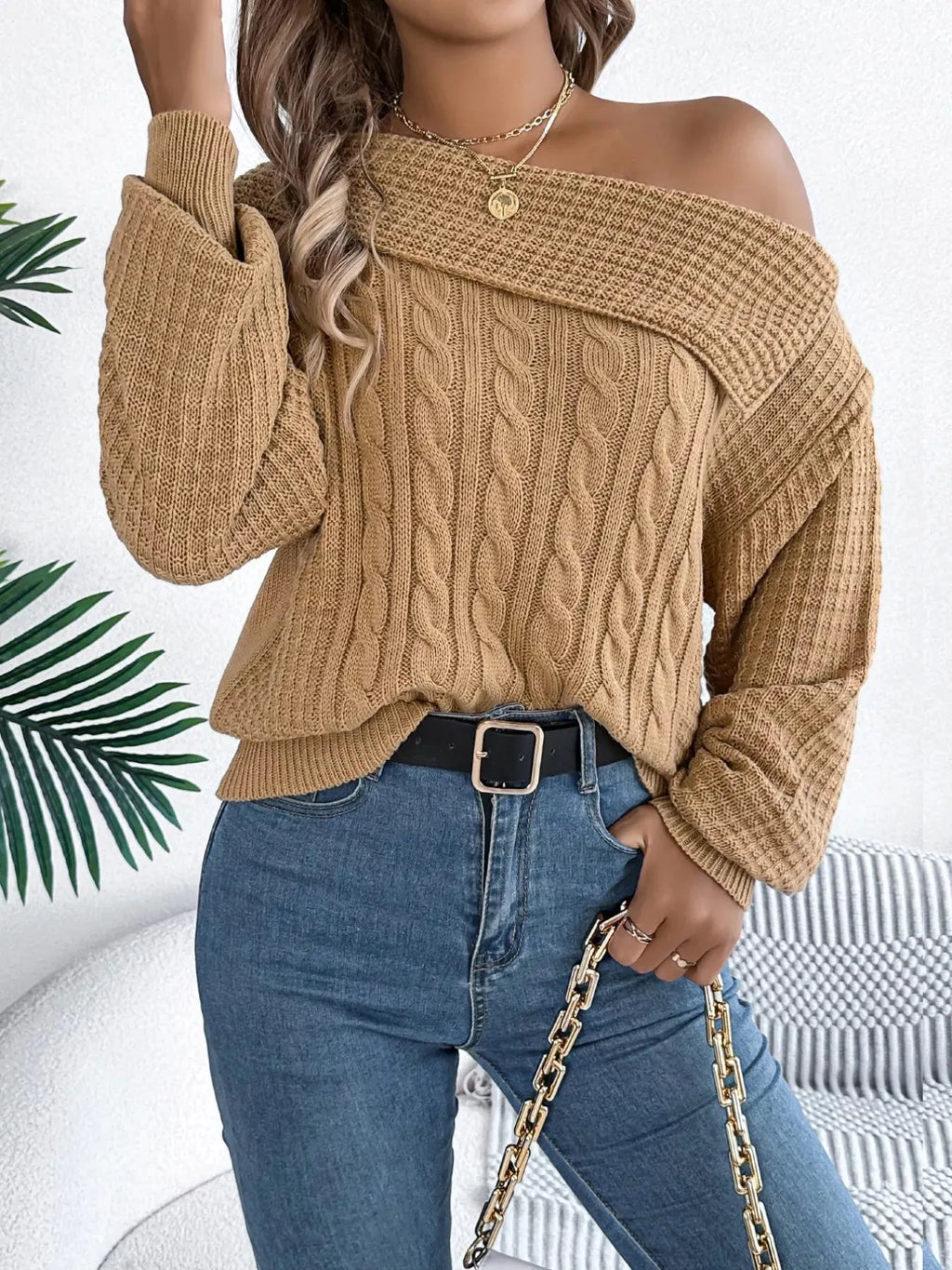 Off-Shoulder Cable Knit Sweater