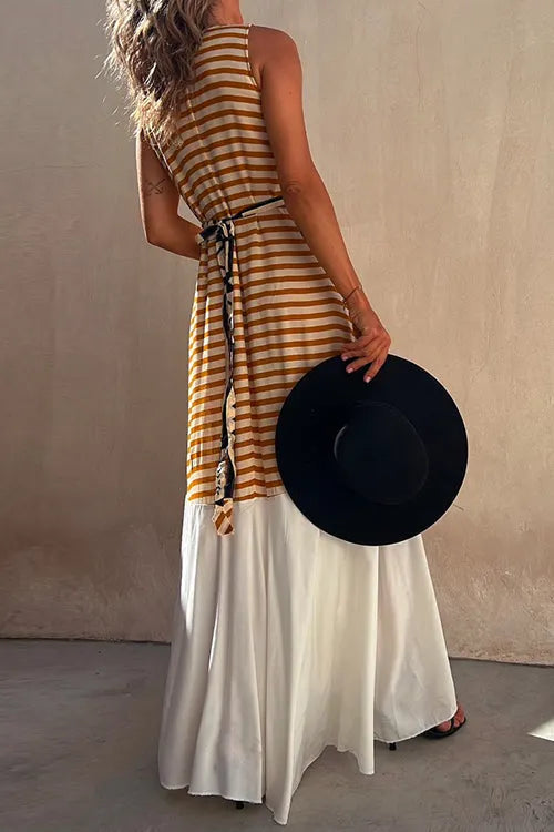 Sleeveless V Neck Printed Splice Maxi Swing Dress