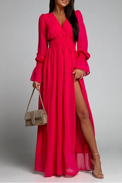 V Neck Long Sleeve Smocked Waist Maxi Slit Dress