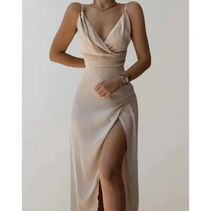 Long Draped Dress with Thin Straps - Elegance & Slit