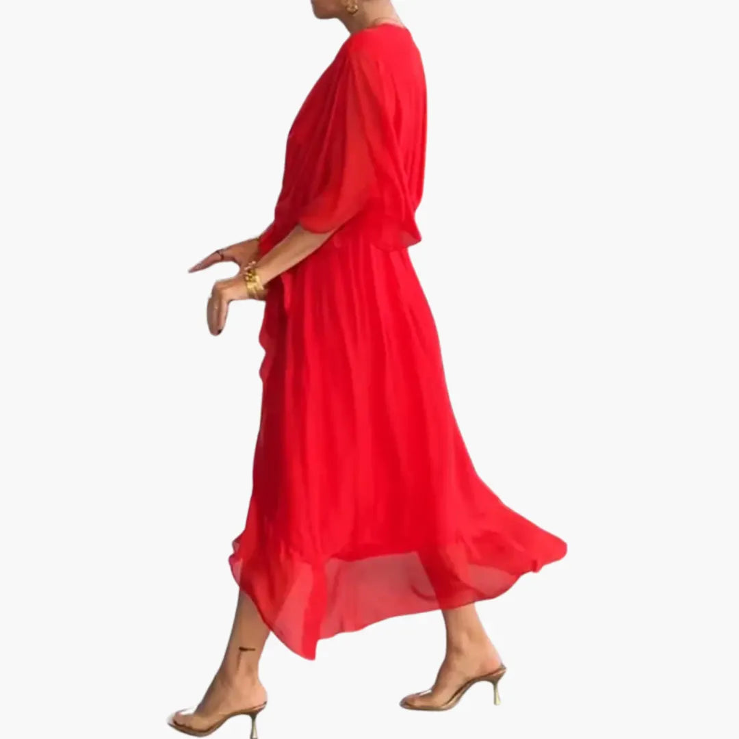 Womenâ€™s Midi Dress with Tie and Sleeves