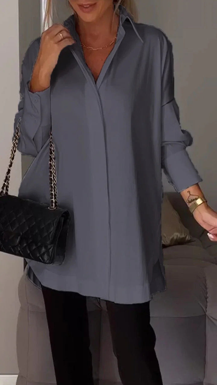 Women Long Sleeve Blouse Lapel Slit Shirt