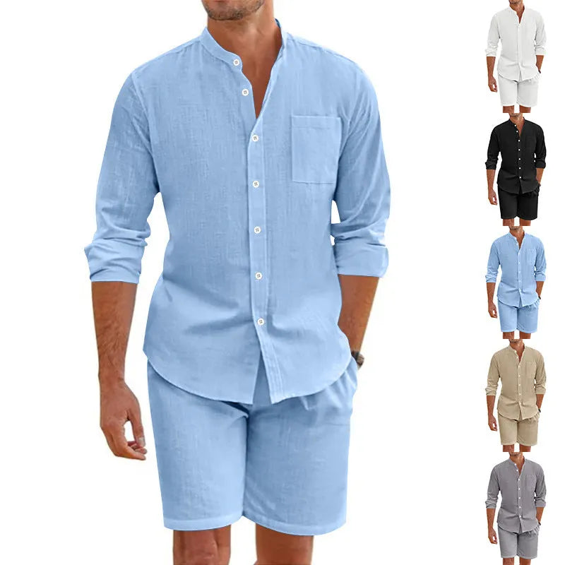 Herren Lässiges Hemd und Shorts Set mit atmungsaktiver Leinenstruktur