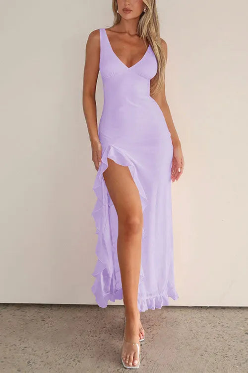 V Neck Sleeveless Ruffle Trim Slit Maxi Dress