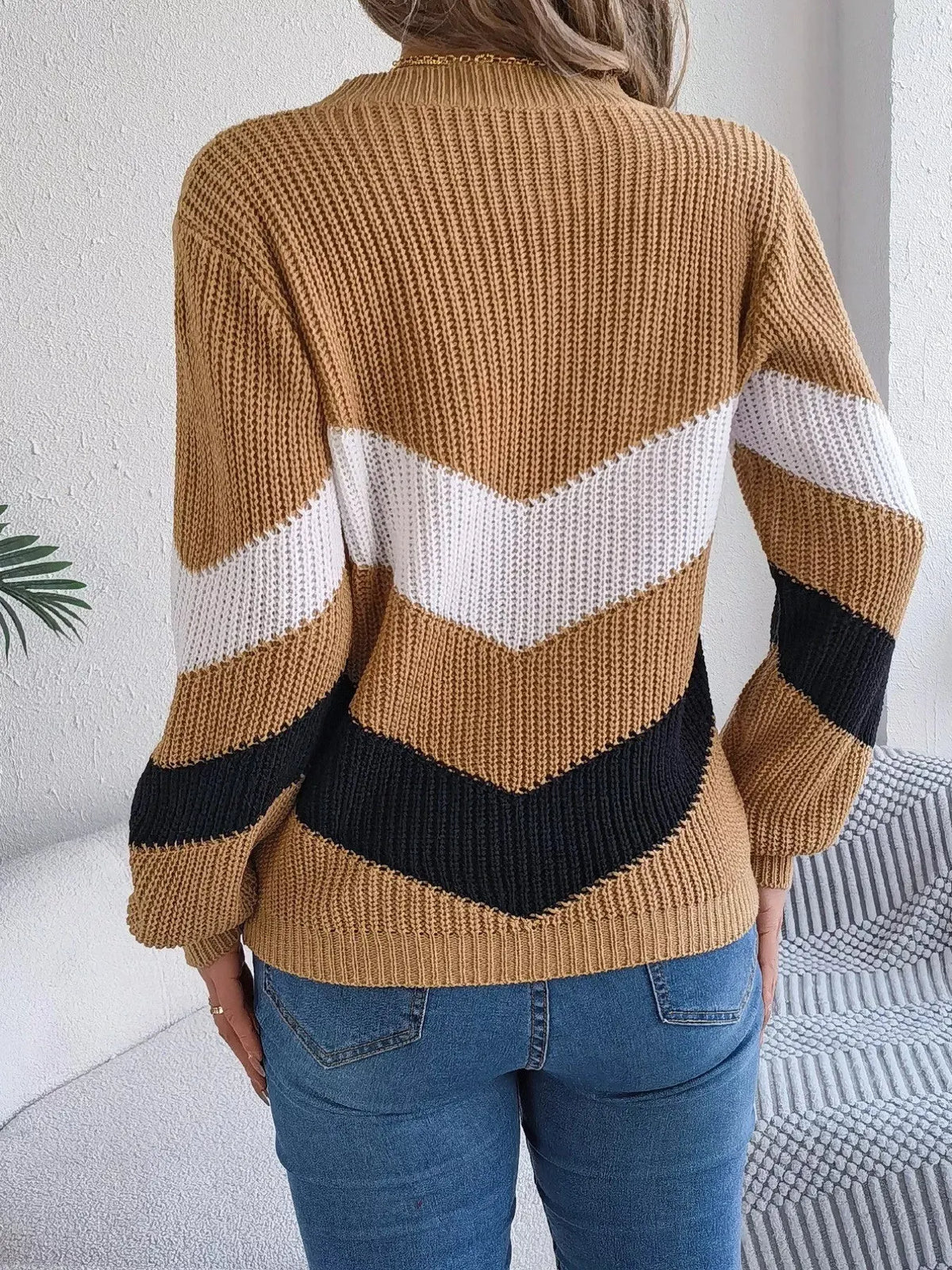 Chevron Stripe Color Block Round Neck Sweater