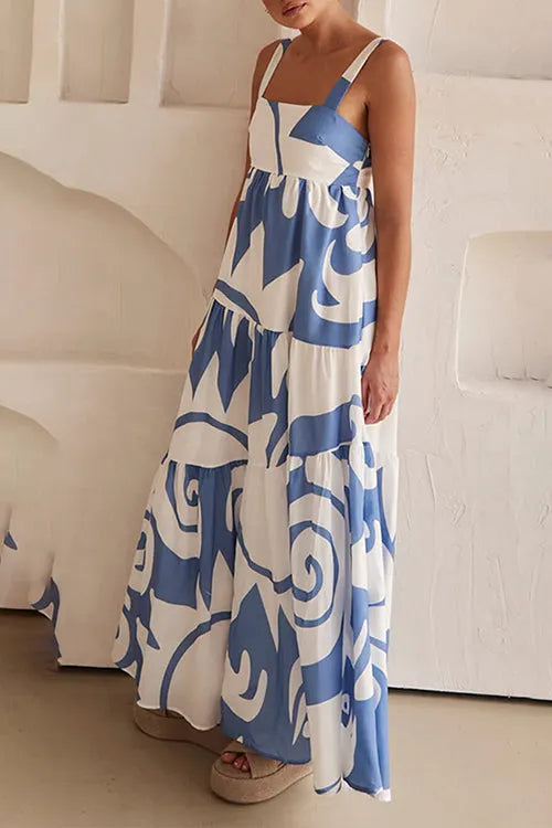 Backless Ruffle Tiered Printed Maxi Cami Dress