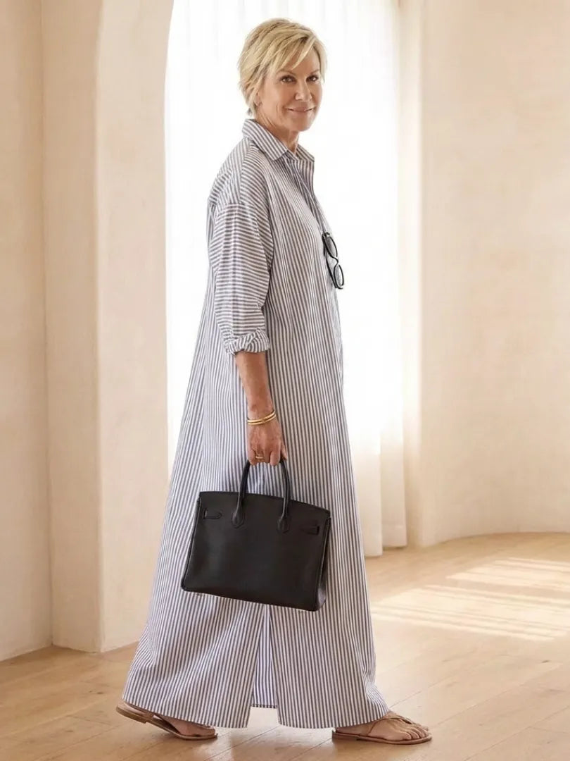 Serina | Striped Long Sleeve Collar Maxi Shirt Dress