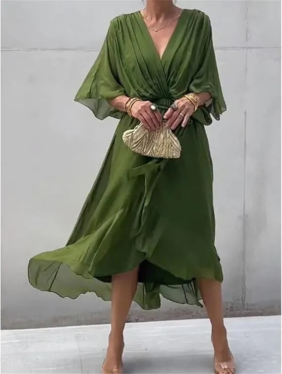 Damen-Chiffonkleid mit V-Ausschnitt, BindegÃ¼rtel und asymmetrischem Saum