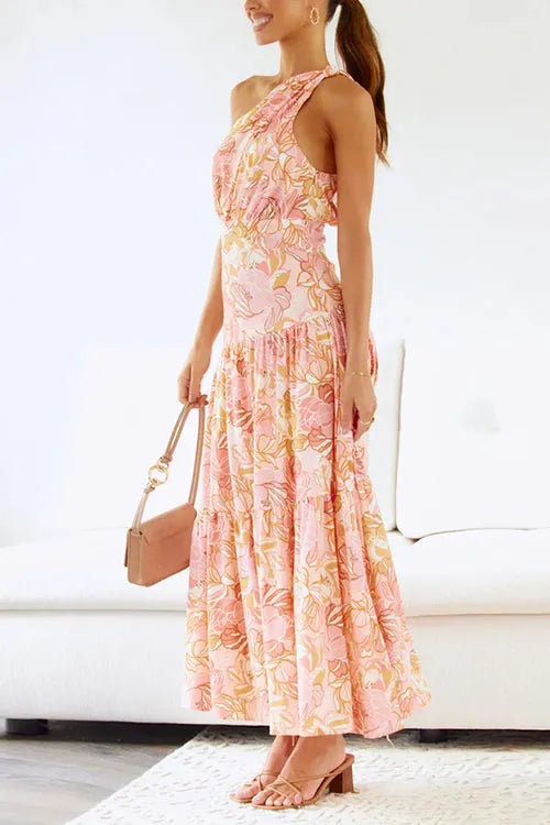 One Shoulder Ruffle Tiered Floral Print Maxi Dress
