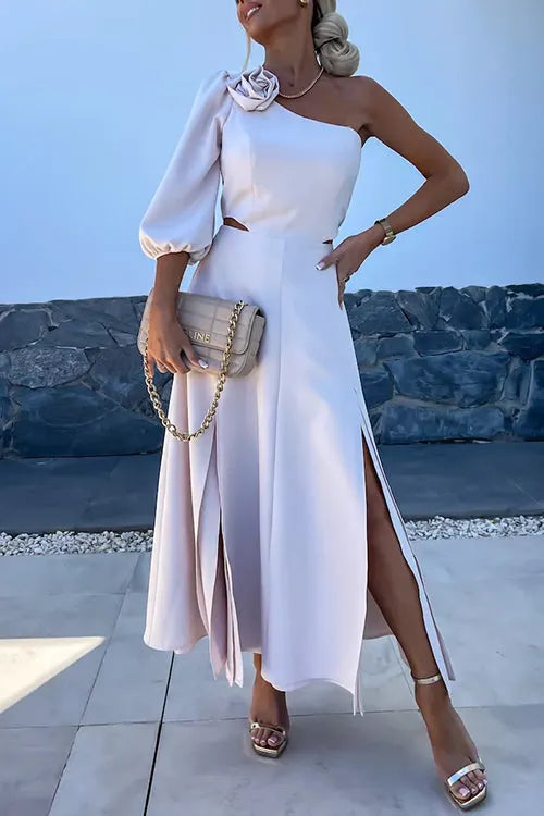 3D Rose One Shoulder Cut Out Waist Slit Midi Satin Dress