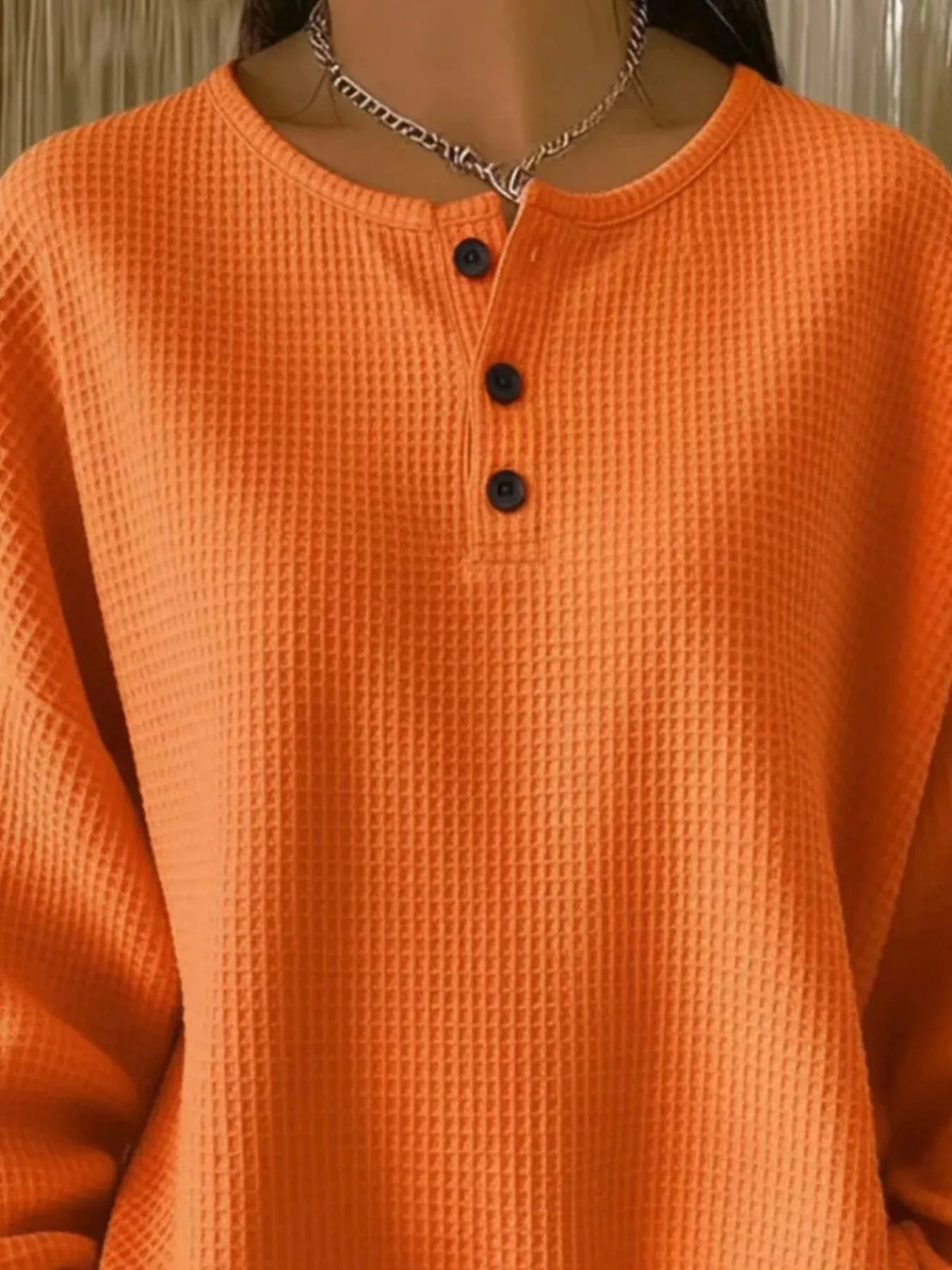 Full Size Casual Waffle Knit Button Detail Pullover Plus Size