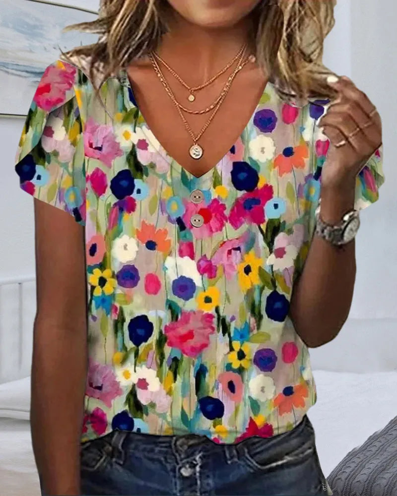 KurzÃ¤rmlige Farbenfrohe Blumenbluse mit V-Ausschnitt