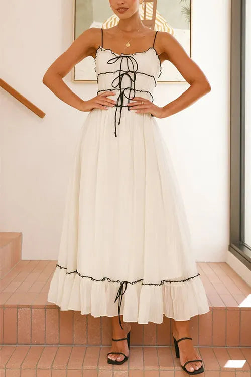 Spaghetti Strap Frill Trim Tie Bow Maxi Dress