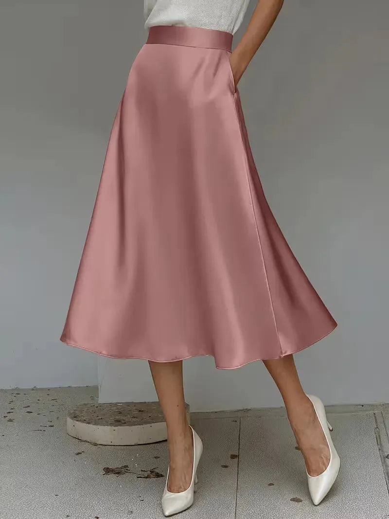 Satin Skirt for Women with High Waist and Midi Length