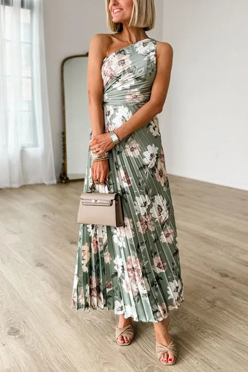 One Shoulder Waisted Floral Print Pleated Maxi Dress