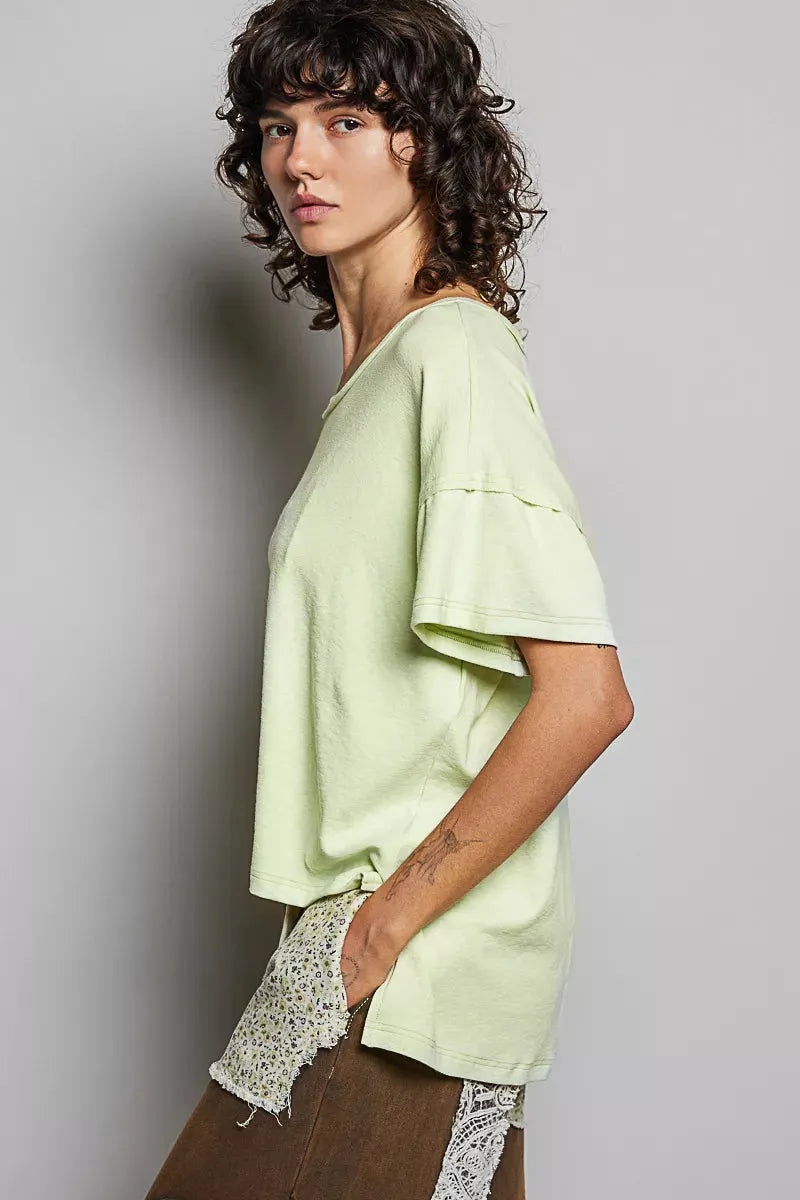 POL Round Neck Short Sleeve T-Shirt with High Low Hem