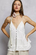 POL Button Front V-Neck Ruffled Cami with Pintuck Accents