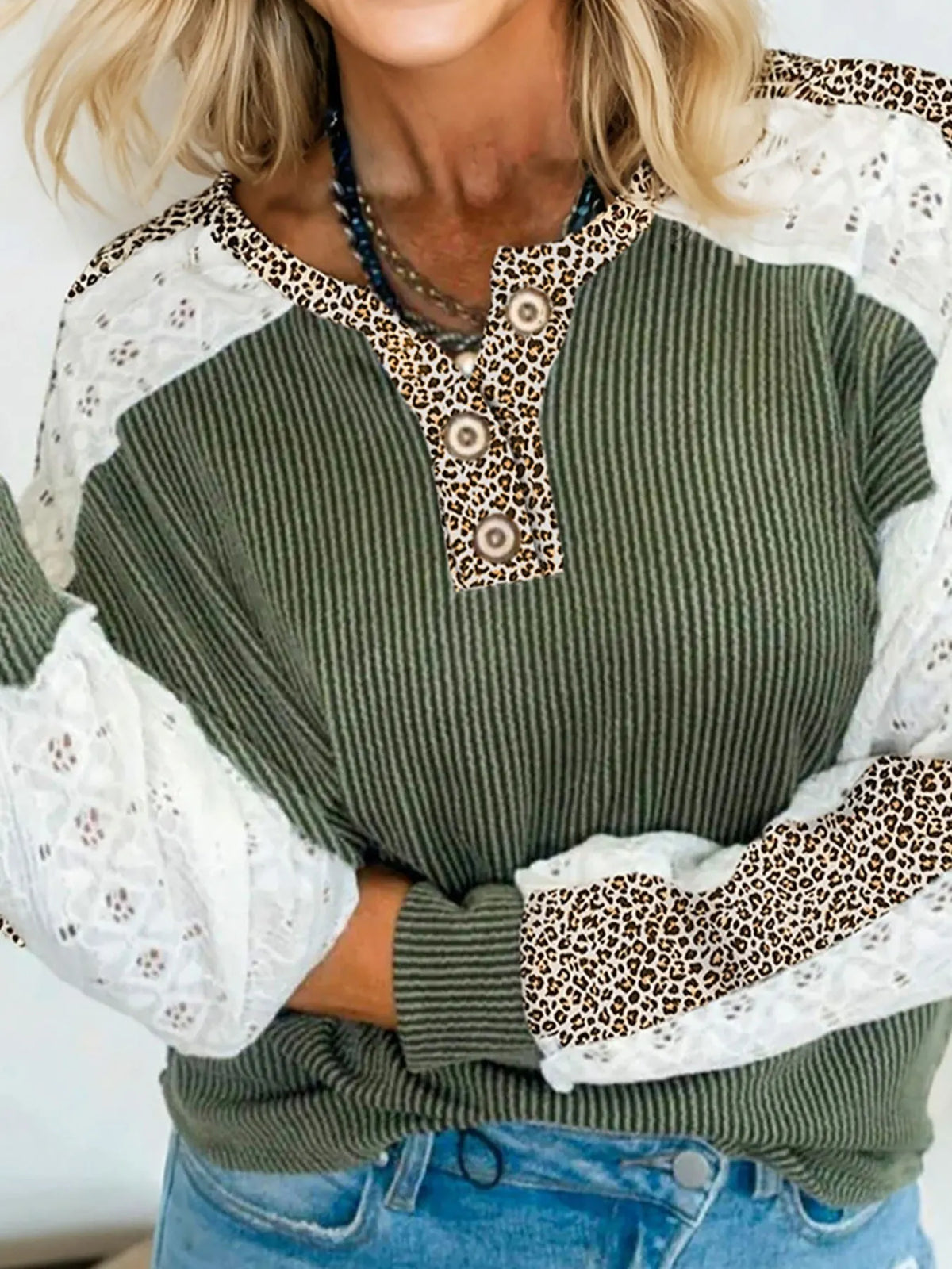 Leopard Trim Raglan Sleeve Top