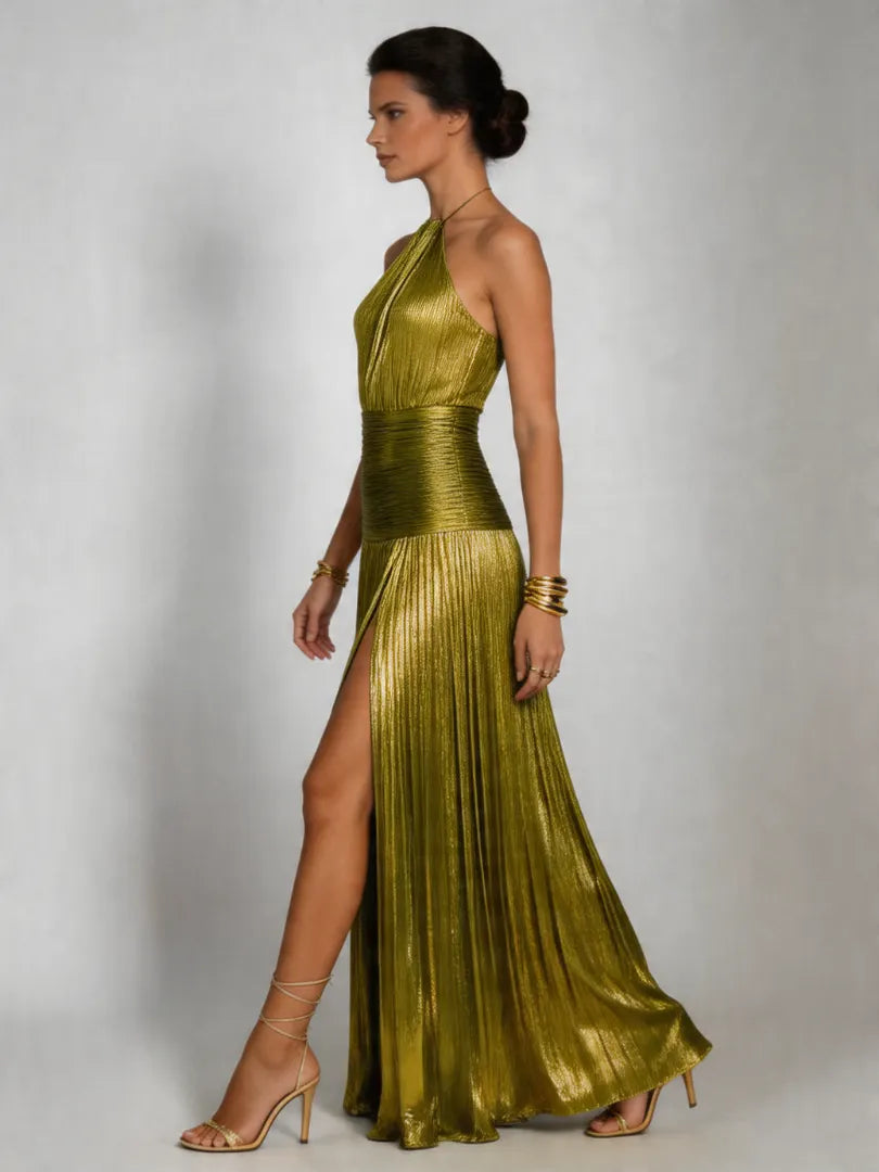 Tatiani | Halter Neck Pleated High Slit Maxi Dress
