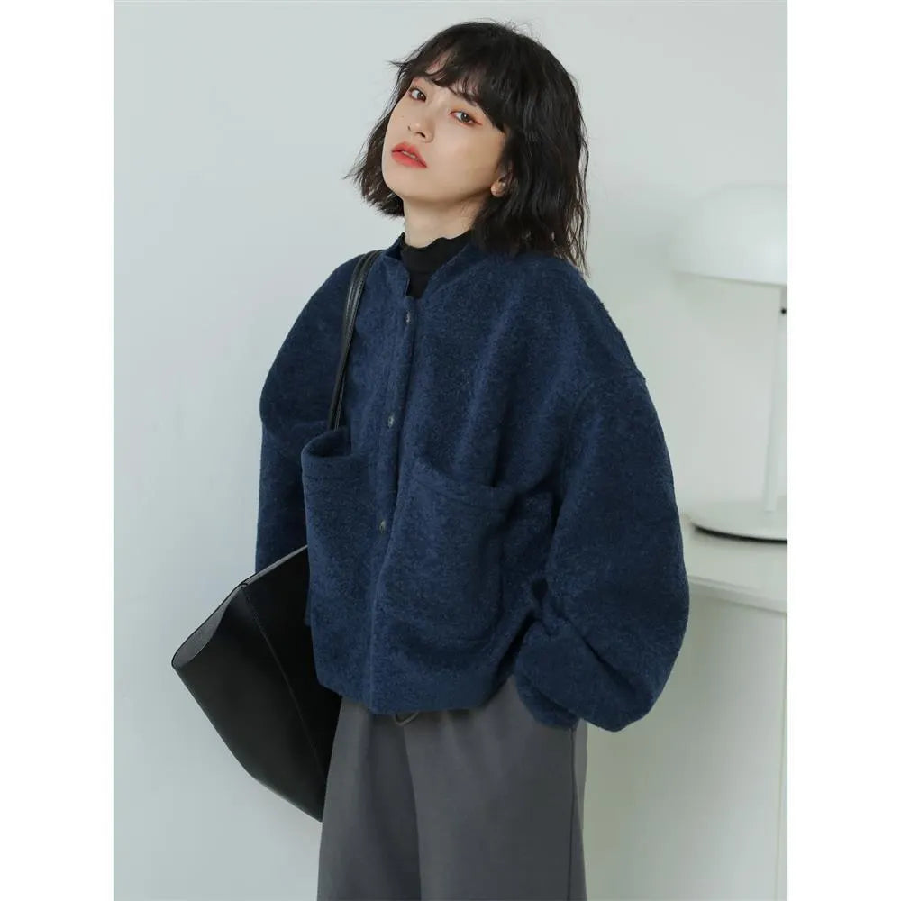 Lässig Lang Ärmel Taschen Blau Jacke