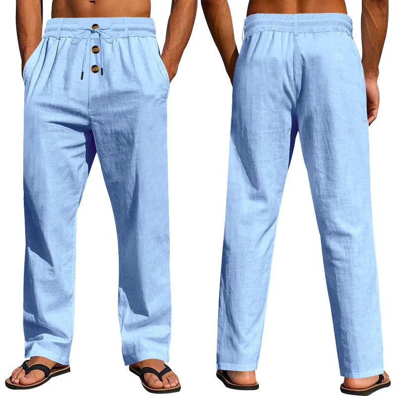 Herren Bequeme Leinenhose mit elastischem Bund und Knopfdetails