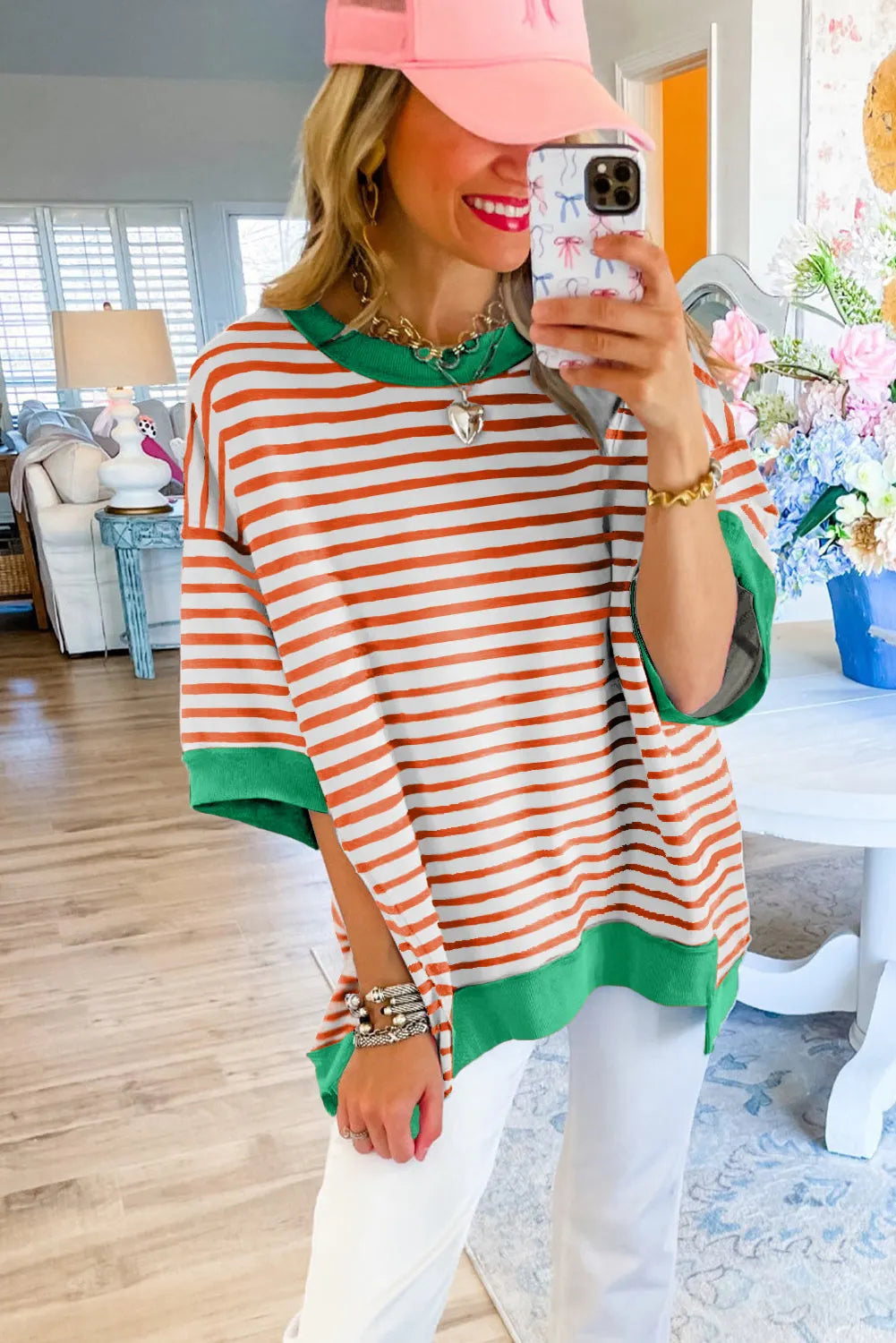 ISA | Gestreept Loose Fit T-Shirt Voor Dames Met Contrast Trim En Wijde Mouwen – Comfortabel, Casual, Stijlvol