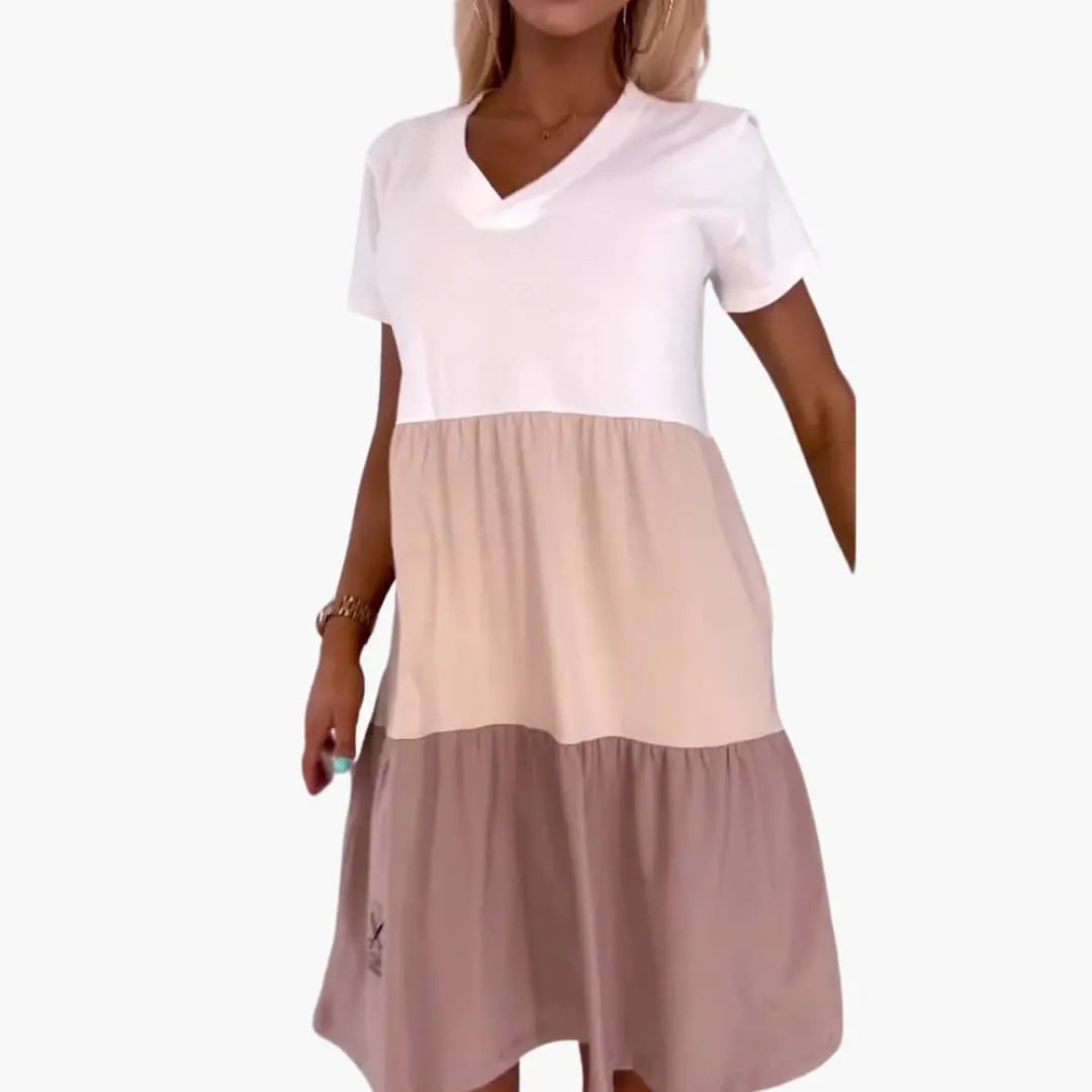 Womenâ€™s Dress with Short Sleeves and Colourblock Pattern