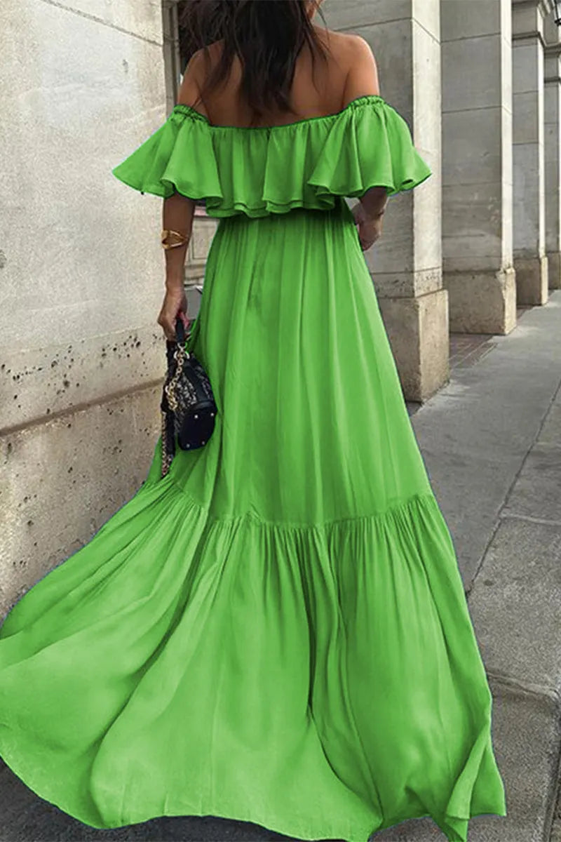 Sexy Solid Color Ruffle Ruched Off Shoulder Long Dresses