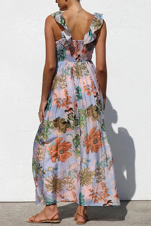 Sleeveless V Neck Floral Print Maxi Holiday Dress