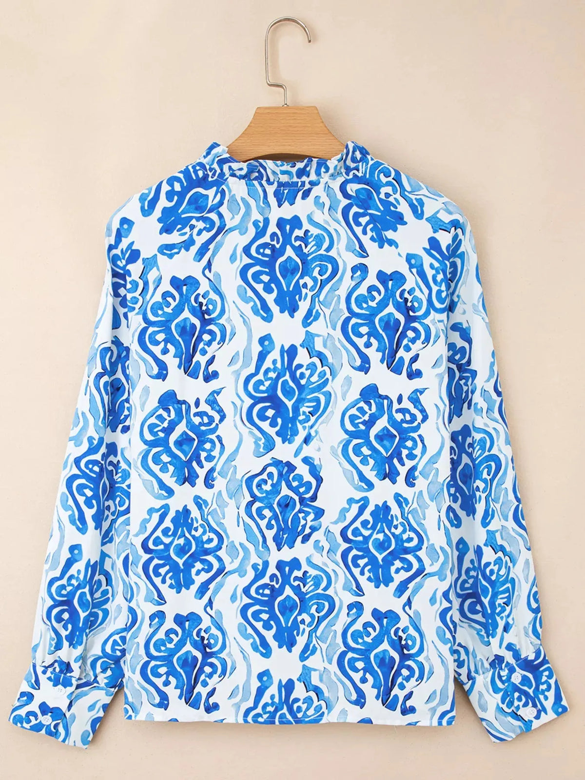 Printed Tie Split Neck Button Front Puff Sleeve Shirt