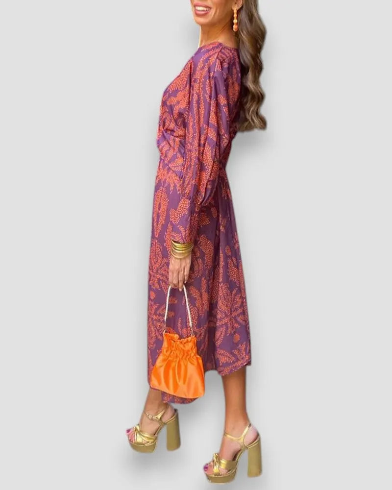Bedrucktes Langarmkleid – V-Ausschnitt mit Knotendetail