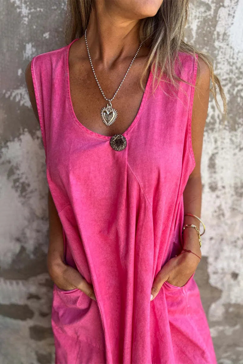 Casual Solid Color Pocket Buttons O Neck Sleeveless Dresses