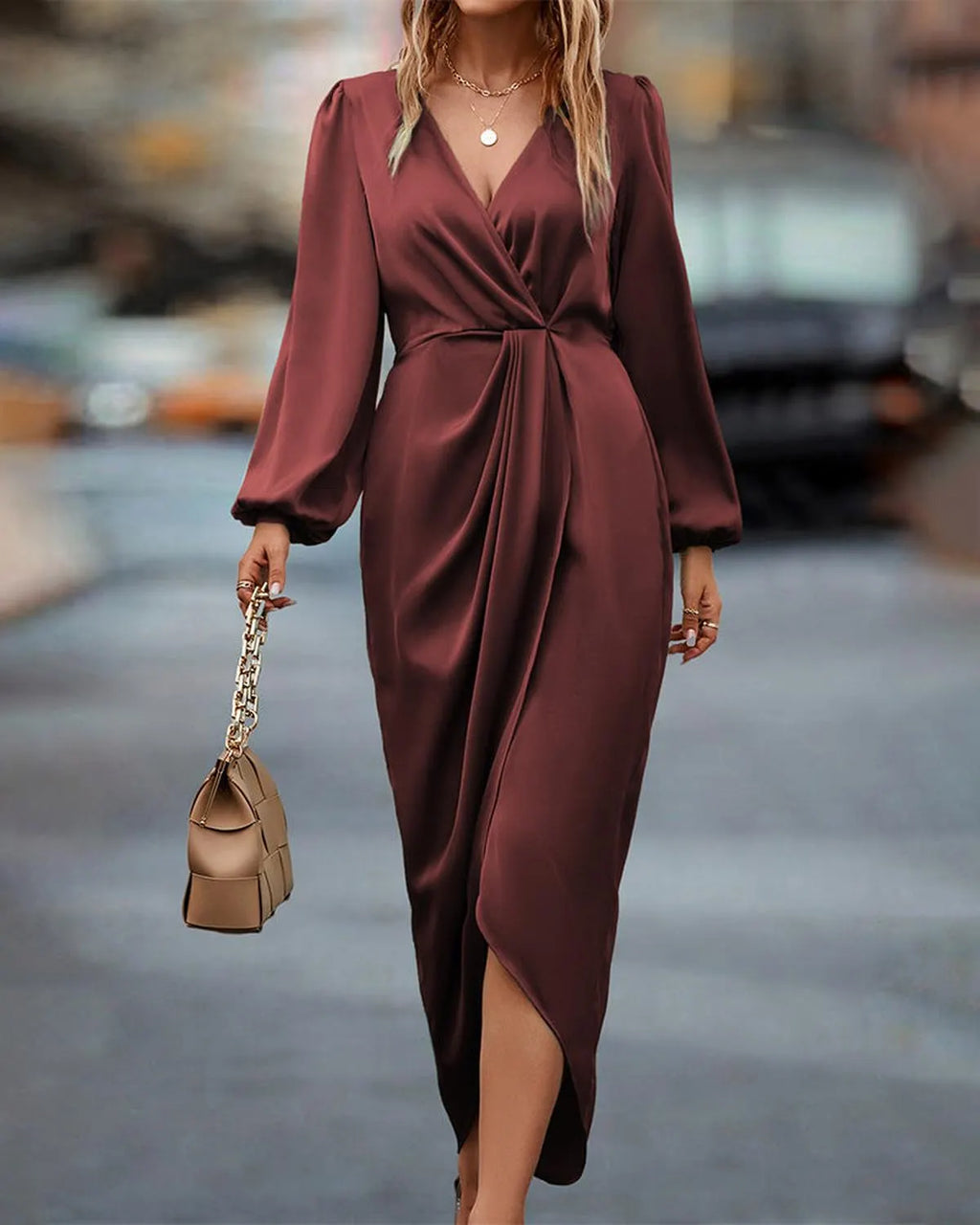 Elegante V-Hals Jurk Voor Dames | Luxe Lantaarnmouw Midi Jurk