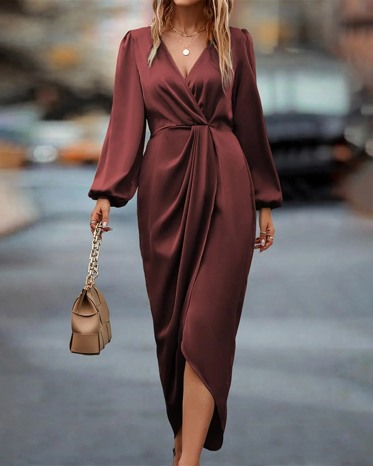 Elegante V-Hals Jurk Voor Dames | Luxe Lantaarnmouw Midi Jurk